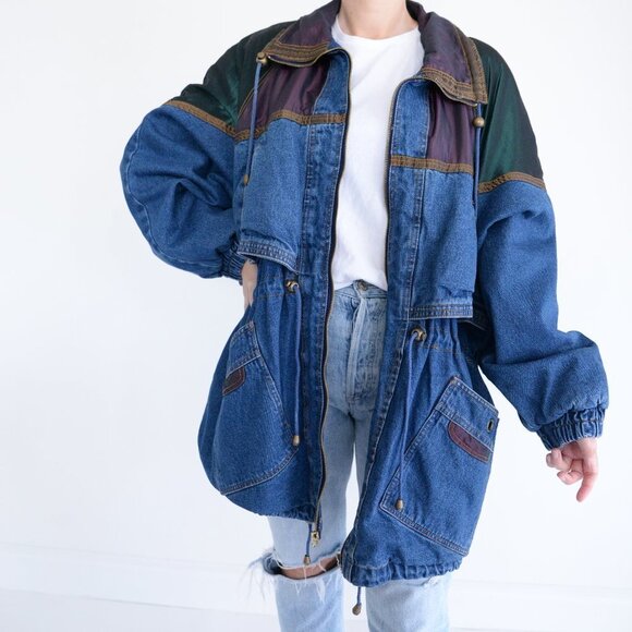 CBO New York Jackets & Blazers - Vintage CBO New York Blue Denim w Purple & Green Block Pattern Heavy  Jacket 4X